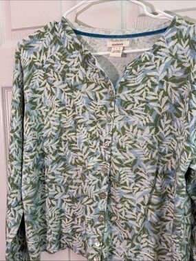 Sundance Large 100% Cotton Green and Light Blue Leaf-Print Button Cardigan